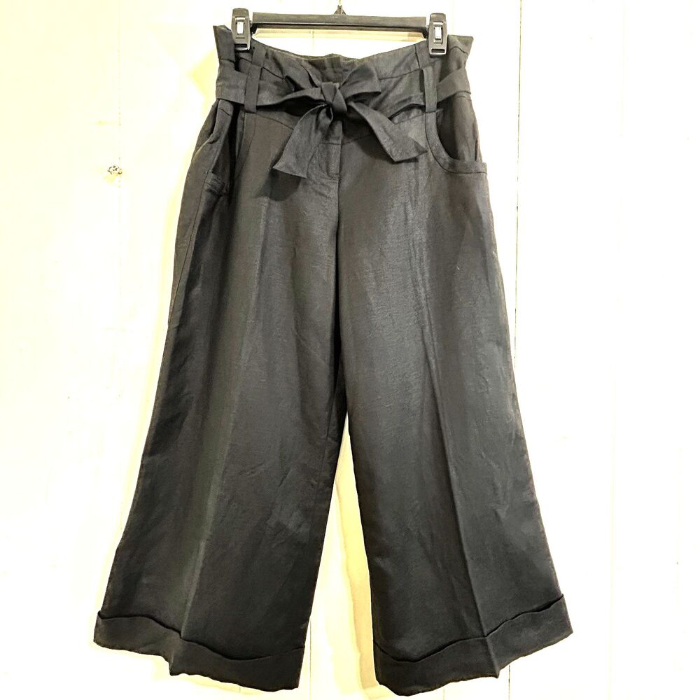 Larry Levine Linen Wide Leg Cropped Size 12 Trousers Black Pants with Bow